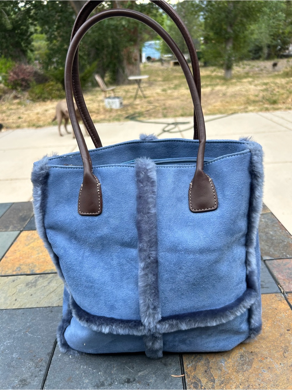 Blue Faux-Suede Tote Bag with Fur Trim Liz Clairborne
